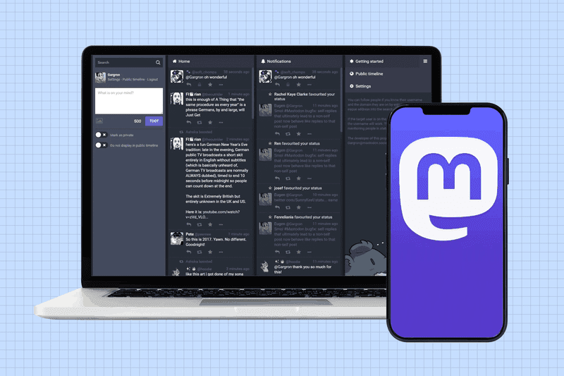 Mastodon social media platform on computer and Mastodon logo on smartphone