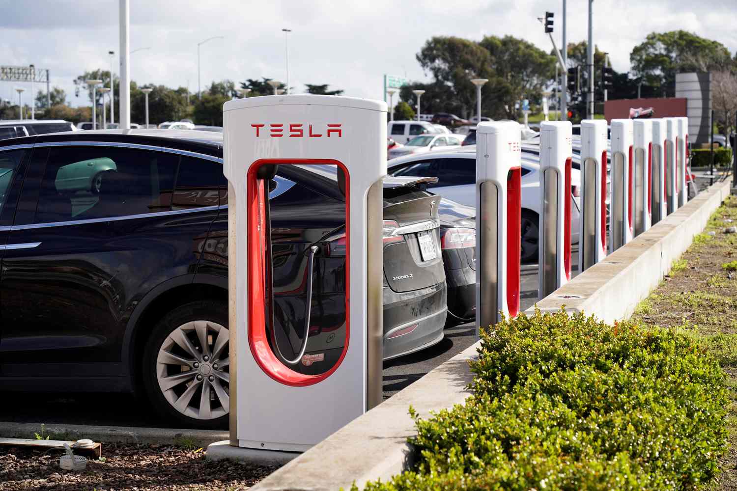 Electric vehicles charge at Tesla chargers. 