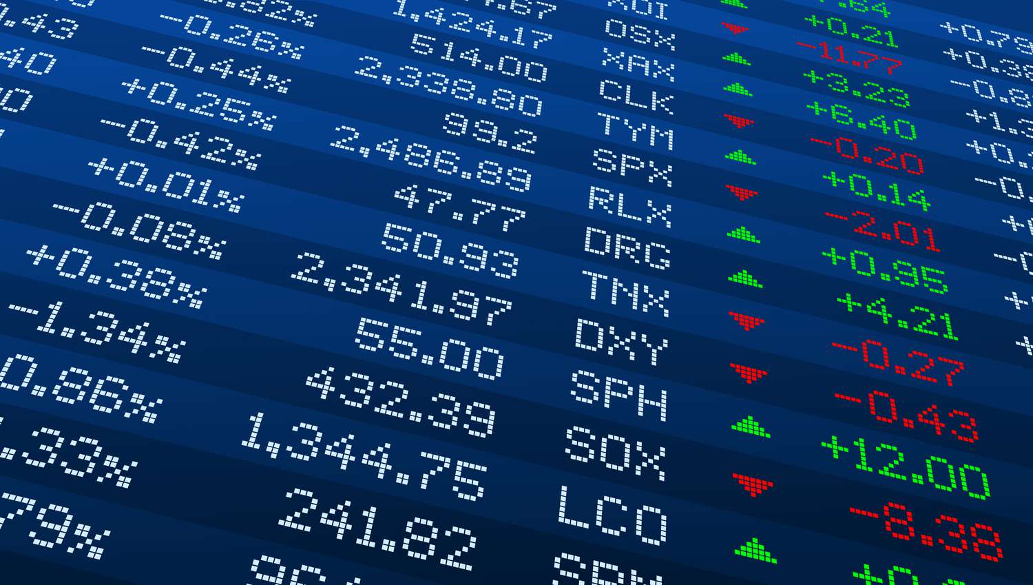 The New York Stock Exchange board, controlled by a stock watcher digital software, displays stock price and volume data.