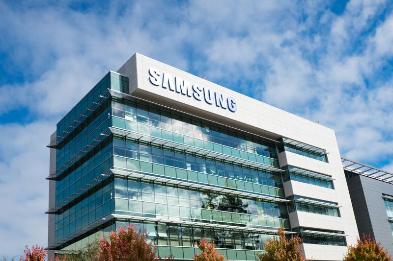 Low-angle view of facade of regional headquarters of technology company Samsung.