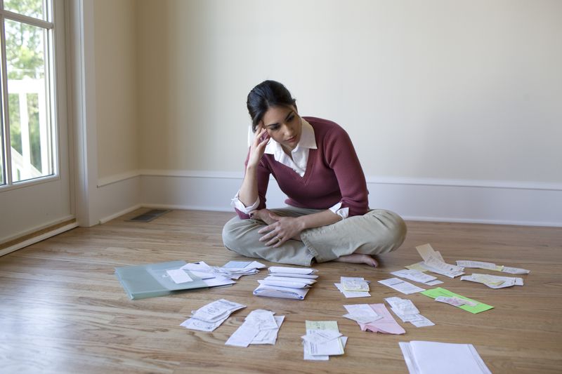 Woman looking at bills on the floor.