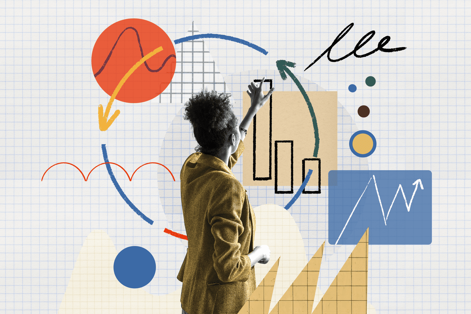 Photo and illustration composite of a person with curly hair managing an investment chart. 