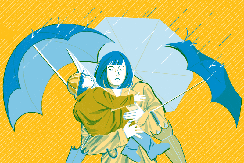 Illustration of a mom holding her son under an umbrella.