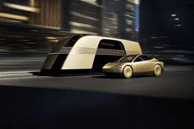 The Tesla Robotaxi and Robovan are pictured driving next to each other.
