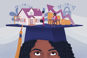 Woman with graduation hat that has various financial symbols on it.