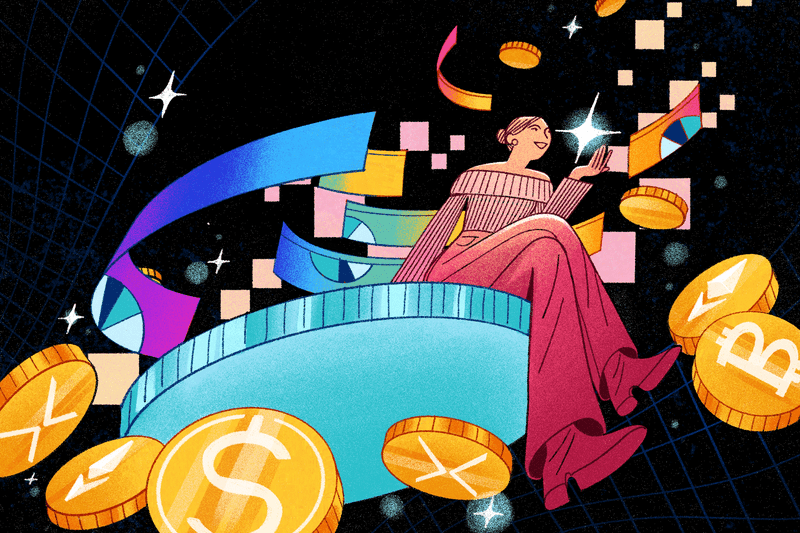 Woman sitting on a crypto coin.