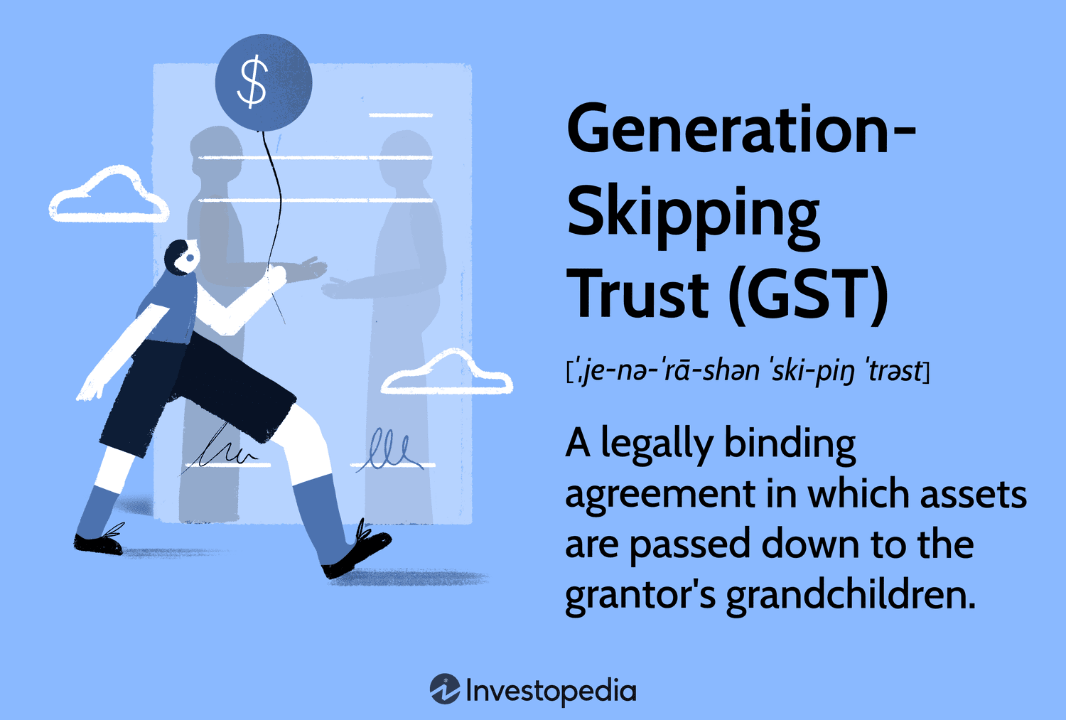 Generation-Skipping Trust (GST): A legally binding agreement in which assets are passed down to the grantor's grandchildren.