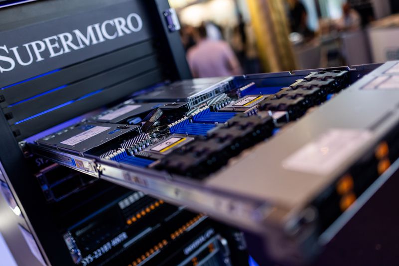 A Supermicro server cabinet seen at an event in 2023 in Germany. 