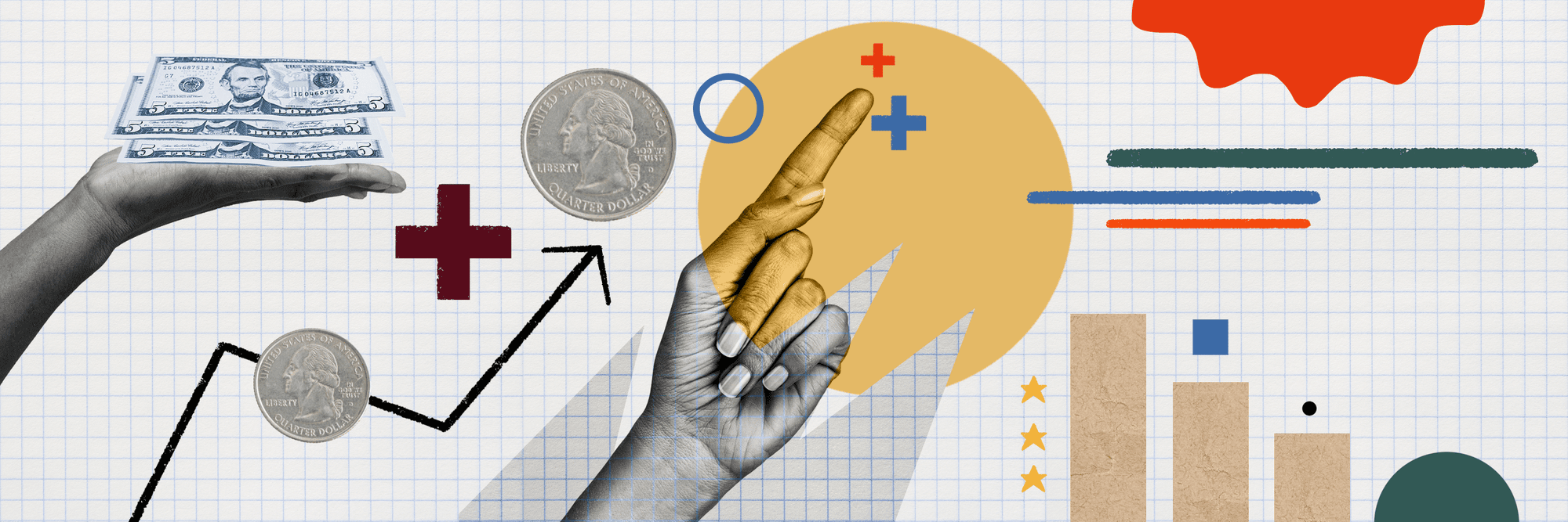 Photo and illustration composite to represent learning more about investing strategies.