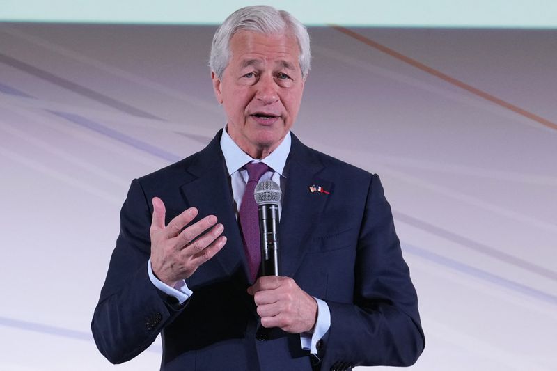 JPMorgan Chase CEO Jamie Dimon delivers a speech during the Global Markets Conference in Paris, on May 15, 2025