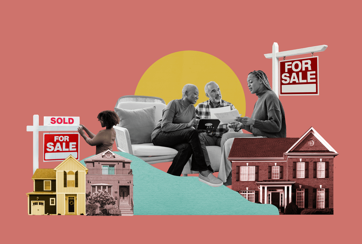 Illustration of homebuying concept with for sale signs, different home types, and a family looking at paperwork.