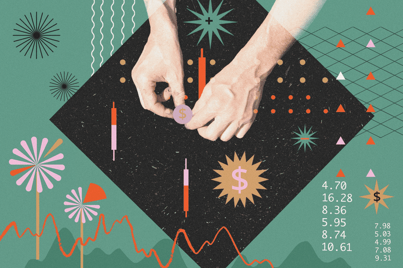 A pair of hands placing a coin on a surface with a surrounding graph and colorful symbols relating to finance.