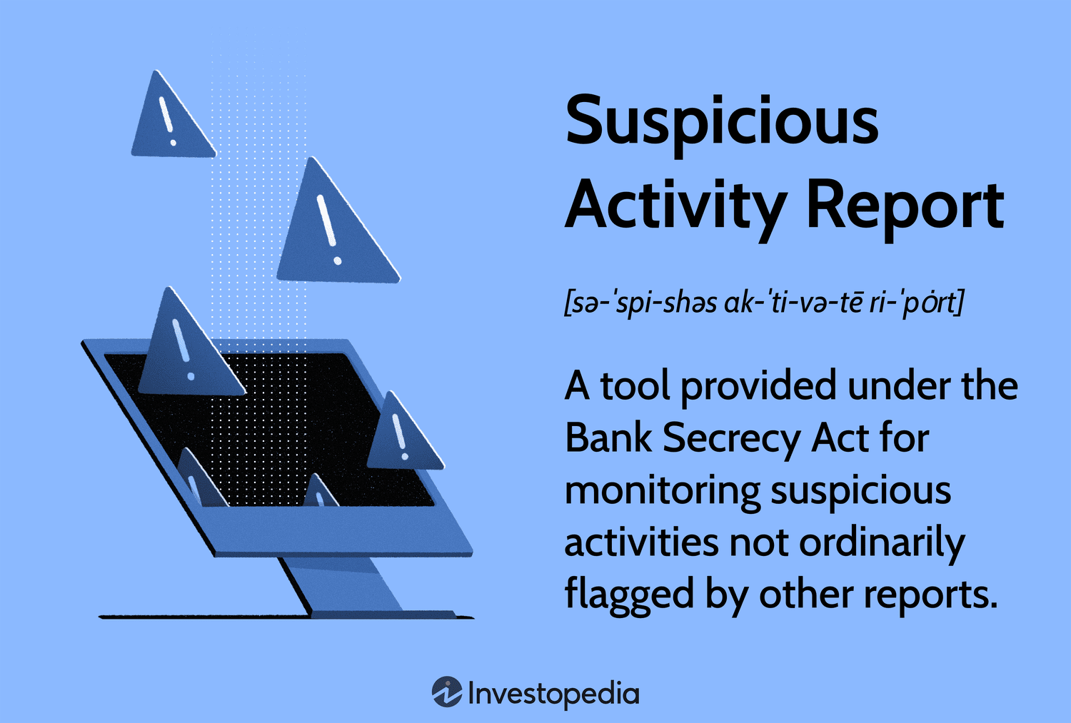 Suspicious Activity Report: A tool provided under the Bank Secrecy Act for monitoring suspicious activities not ordinarily flagged by other reports.