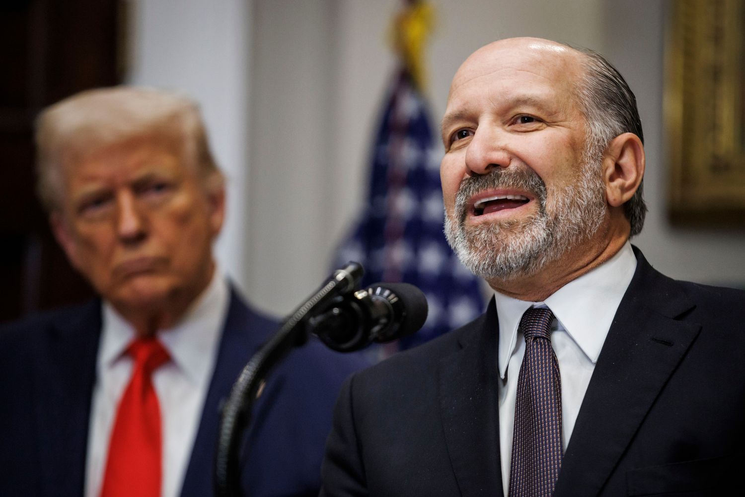 US President Donald Trump, left, and Howard Lutnick, US commerce secretary, during an investment announcement in the Roosevelt Room of the White House in Washington, DC, US, on Monday, March 3, 2025.
