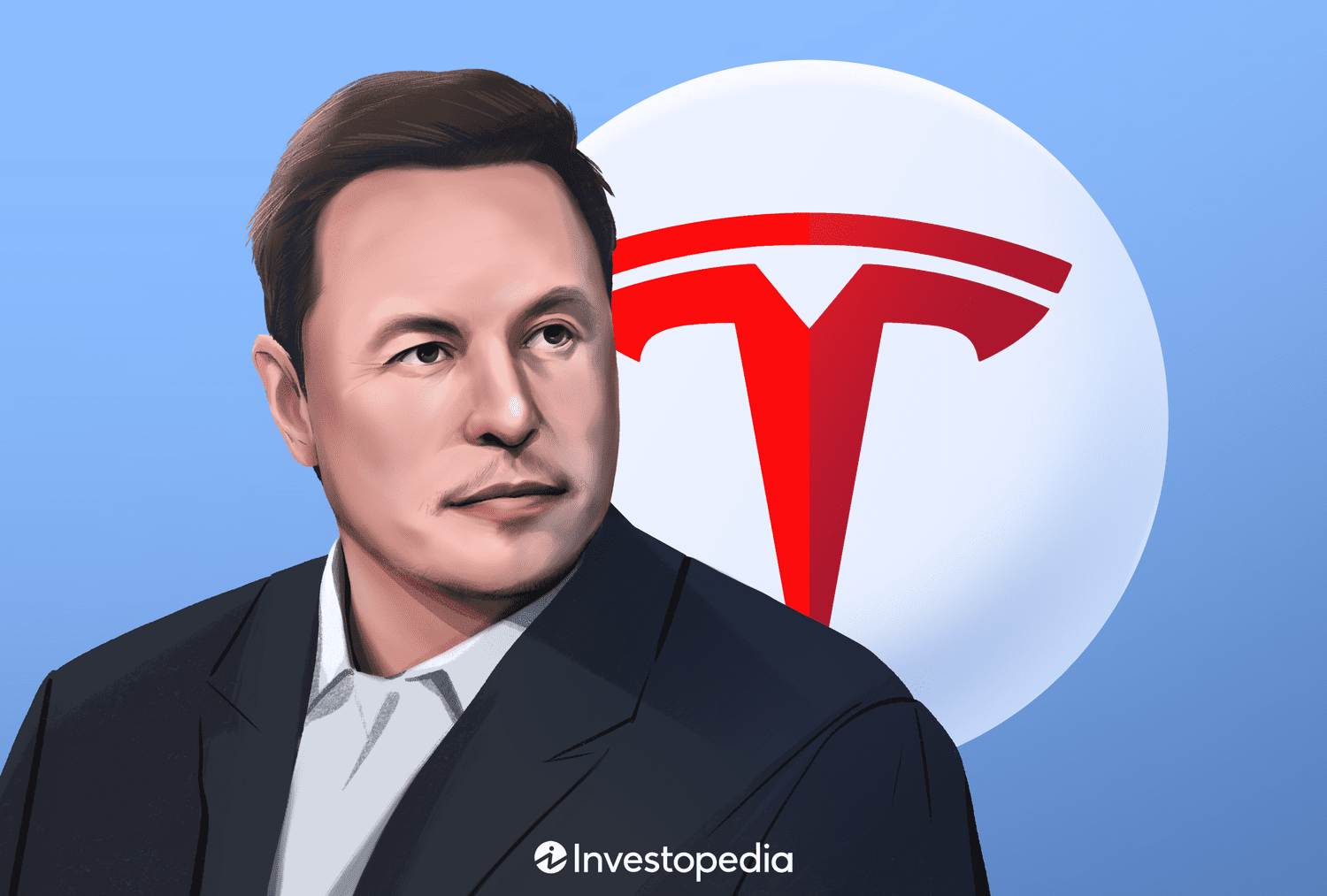 Illustration of Elon Musk with the Tesla logo behind him.