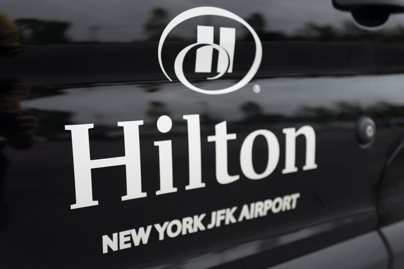A close-up of the logo for the Hilton Hotel at John F Kennedy International Airport (JFK), Queens, New York.