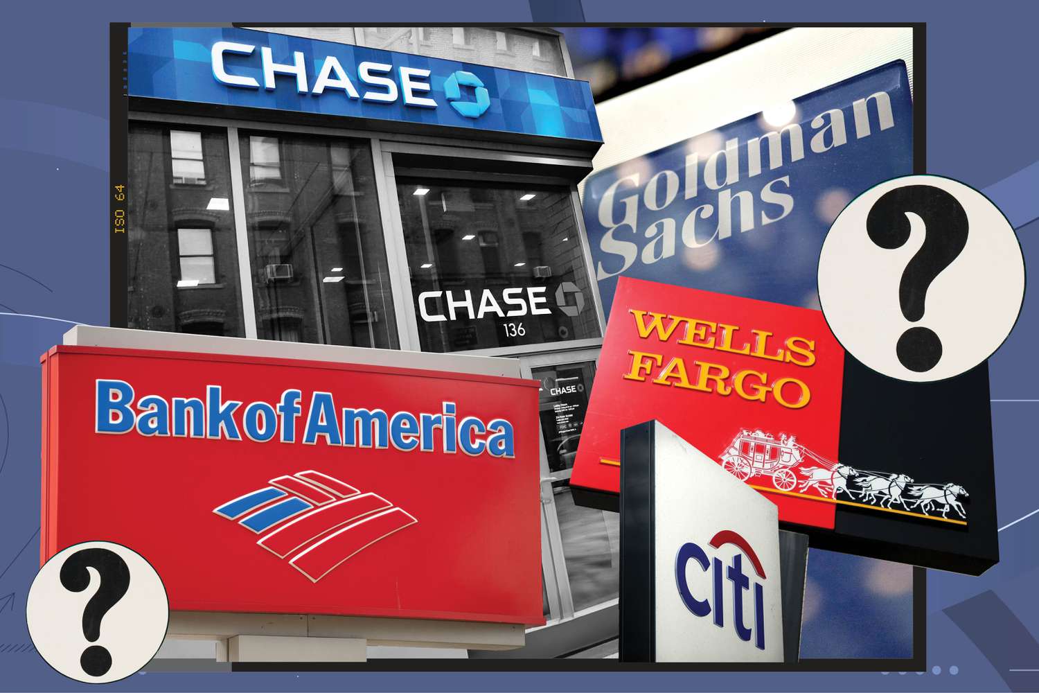 illustration showing signages of bank of america, jpmorgan chase, wells fargo, citi and goldman sachs
