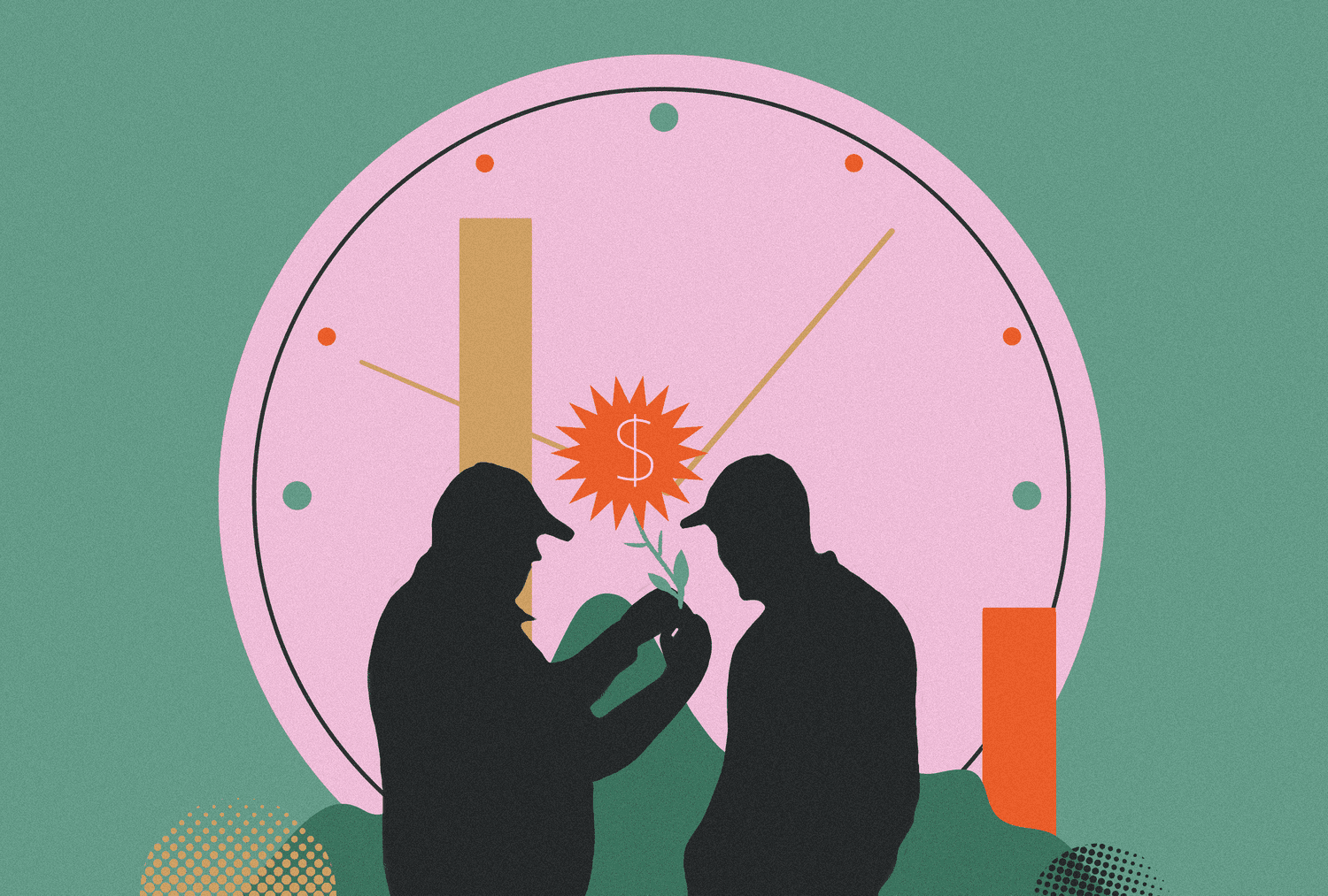 Silhouetted figures in front of a clock, holding a small plant with a dollar sign symbol in an abstract design.