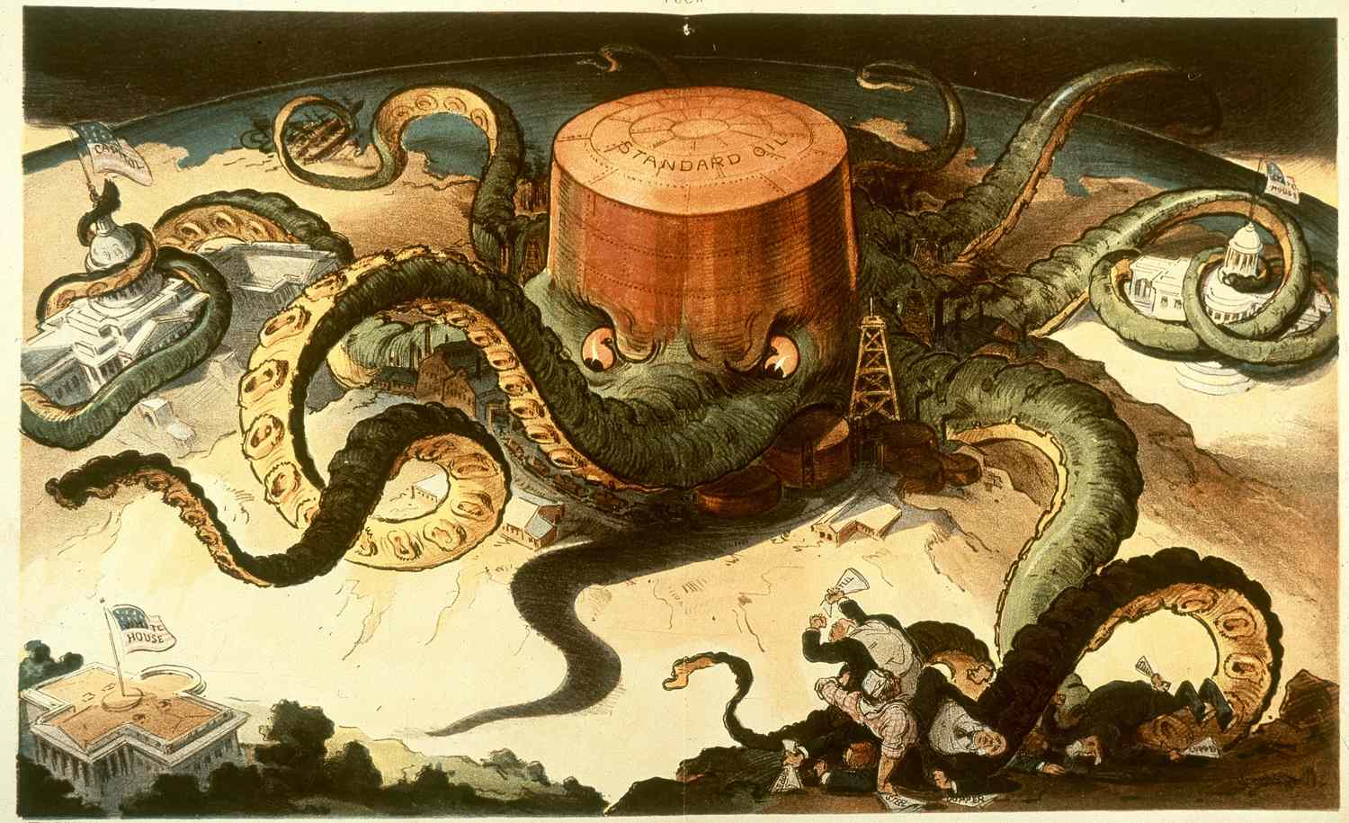Political cartoon showing a Standard Oil tank as an octopus with many tentacles wrapped around the steel, copper, and shipping industries, as well as a state house, the U.S. Capitol, and one tentacle reaching for the White House.