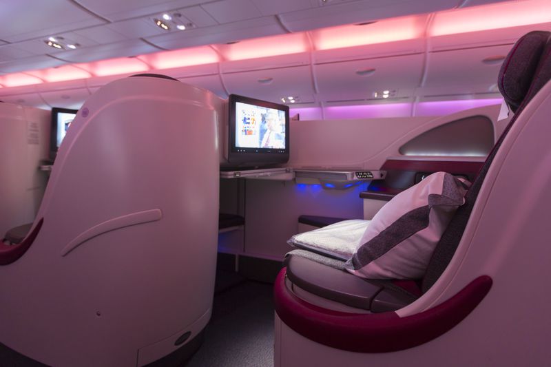 Quatar Airways Business Class interior in the A380 Boeing Airliner. Dubai, United Arab Emirates 2016.