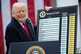 Donald Trump holds a board with "Reciprocal Tariffs" on top, with countries and numbers listed below.