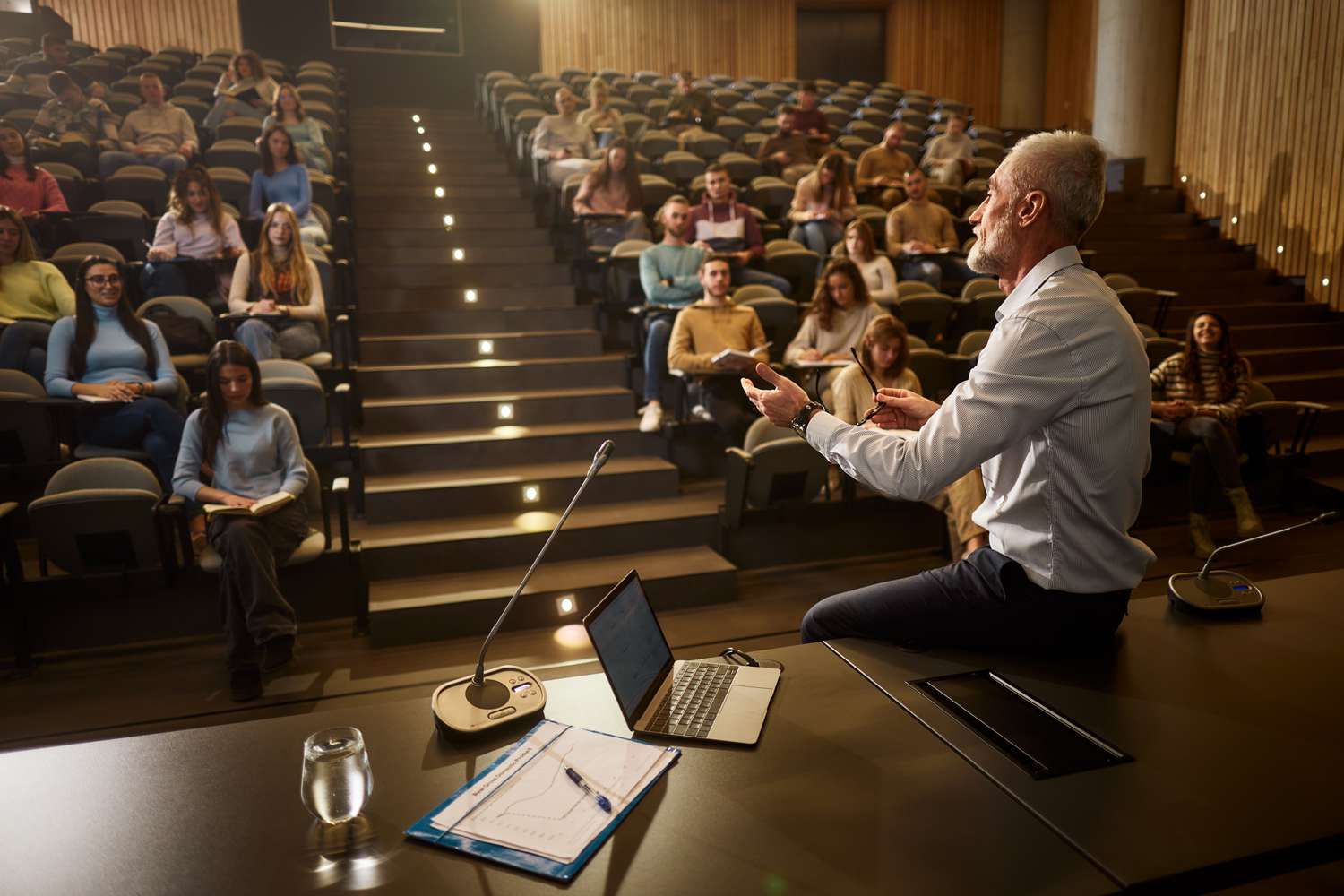 A university Economics professor explains the Lewis model to students in a lecture hall.