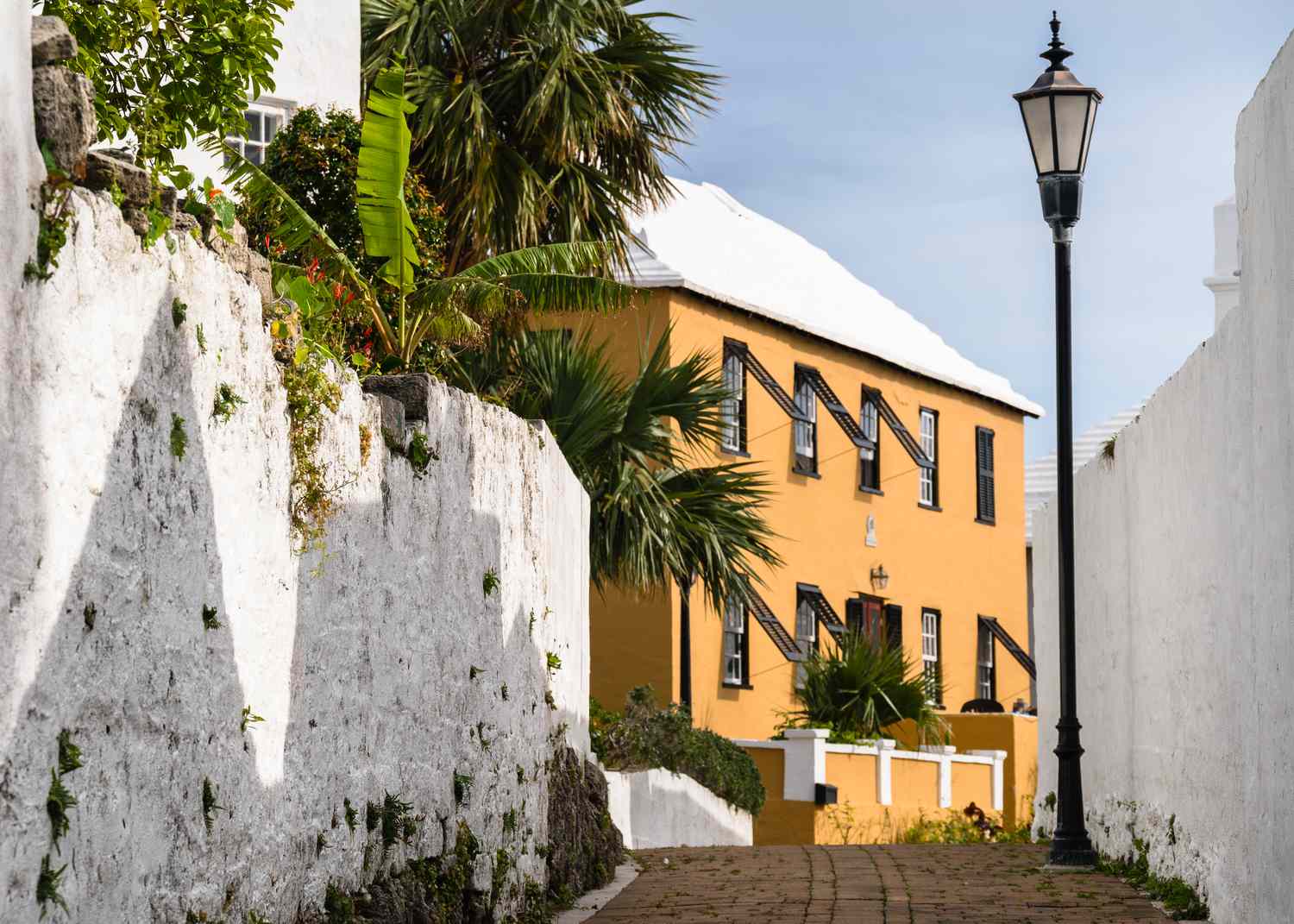 A quiet street lined by historic buildings in the UNESCO World Heritage designated old town of St. George's, Bermuda