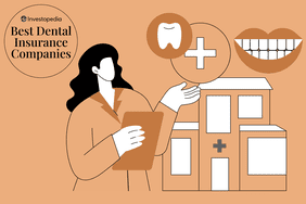 Graphic of female dentist pointing to images of a tooth, healthy smile, and medical building, with the words, "Investopedia, Best Dental Insurance Companies"