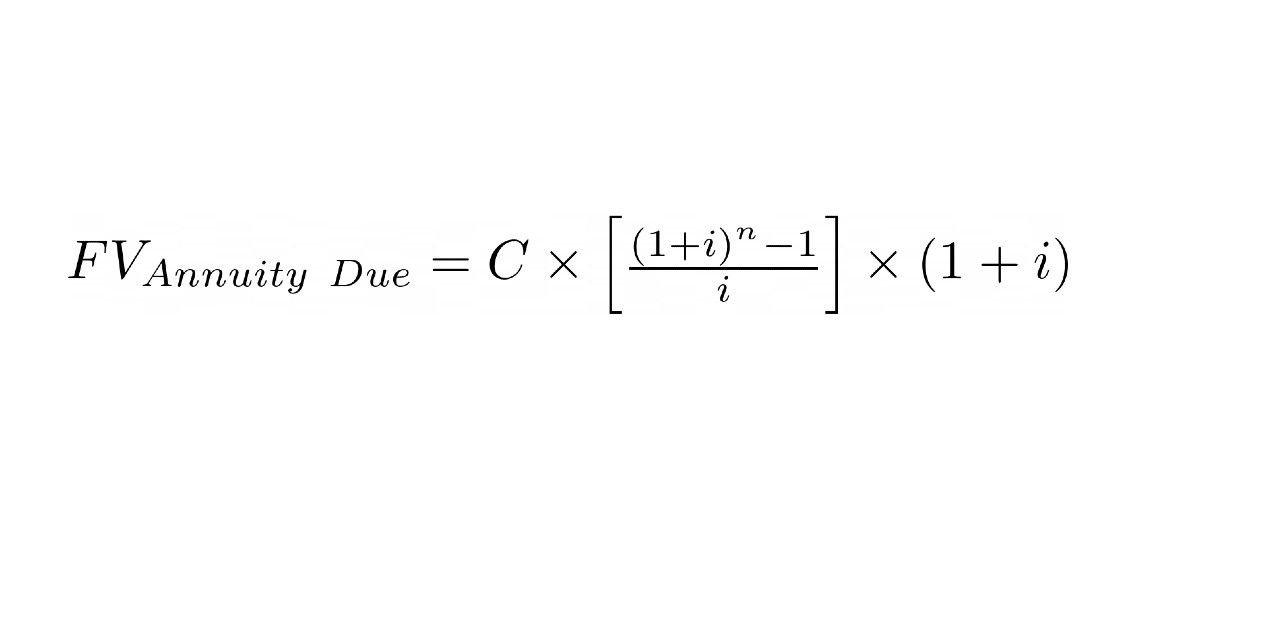 Future Value of Annuity Due = cash flow per period x [(((1+i)^n)-1)/i)] x (1+i)