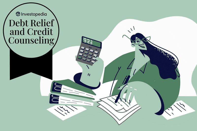 An illustration showing a woman managing finances, with the words "Debt Relief and Credit Counseling."
