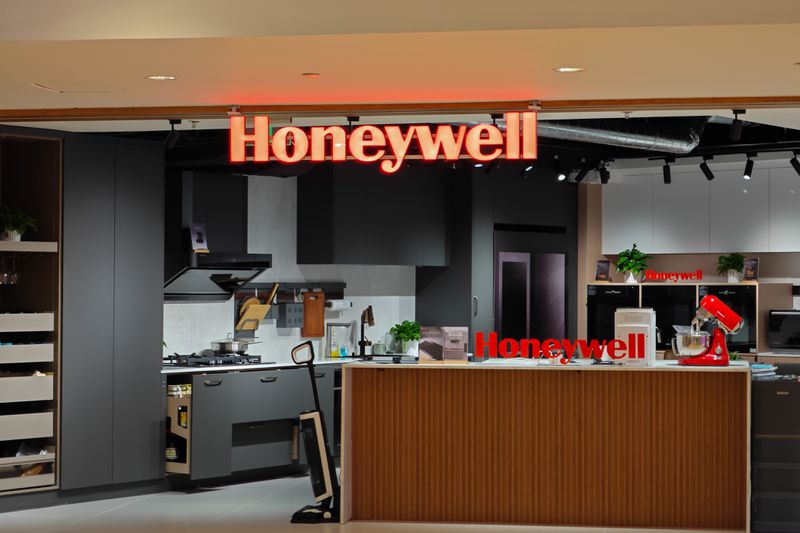 The Honeywell logo is seen above an entrance to the company's store.
