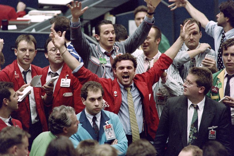 Futures traders on the floor of an exchange. 