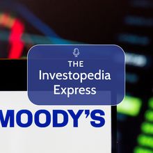 Image of the Moody's logo displayed on a phone screen with a stock chart in the background