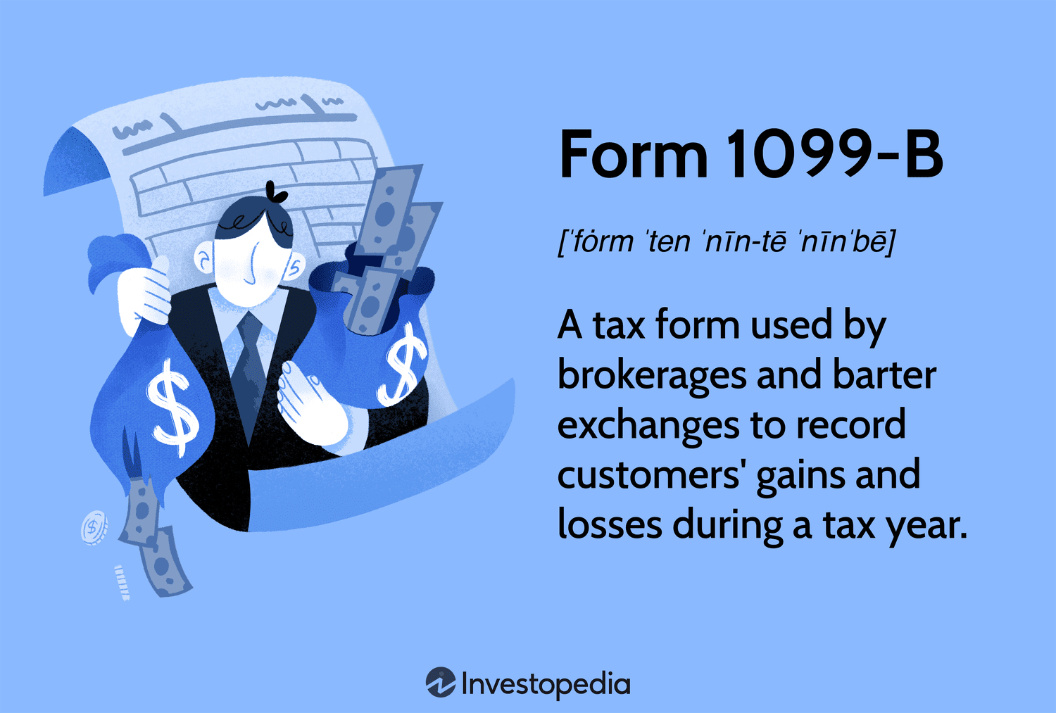 Form 1099-B: A tax form used by brokerages and barter exchanges to record customers' gains and losses during a tax year.