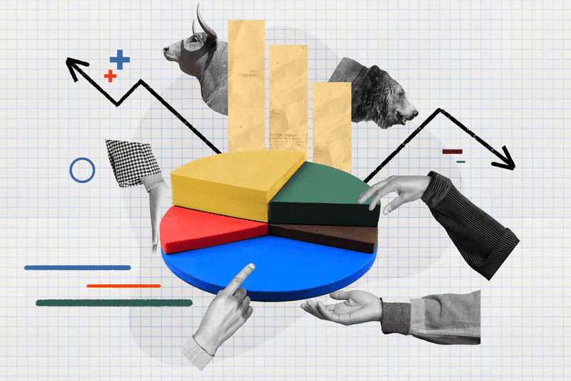 Photo and illustration image composite representing market sentiment indicators for investors, including a bull, bear, pie chart, and bar chart depictions.