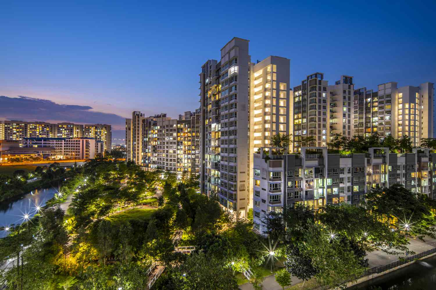 A scenic blue hour view of Singapore eastern region, namely the Punggol estate public housing development.