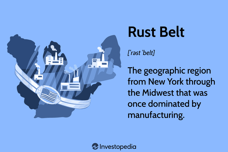 Rust Belt: The geographic region from New York through the Midwest that was once dominated by manufacturing.