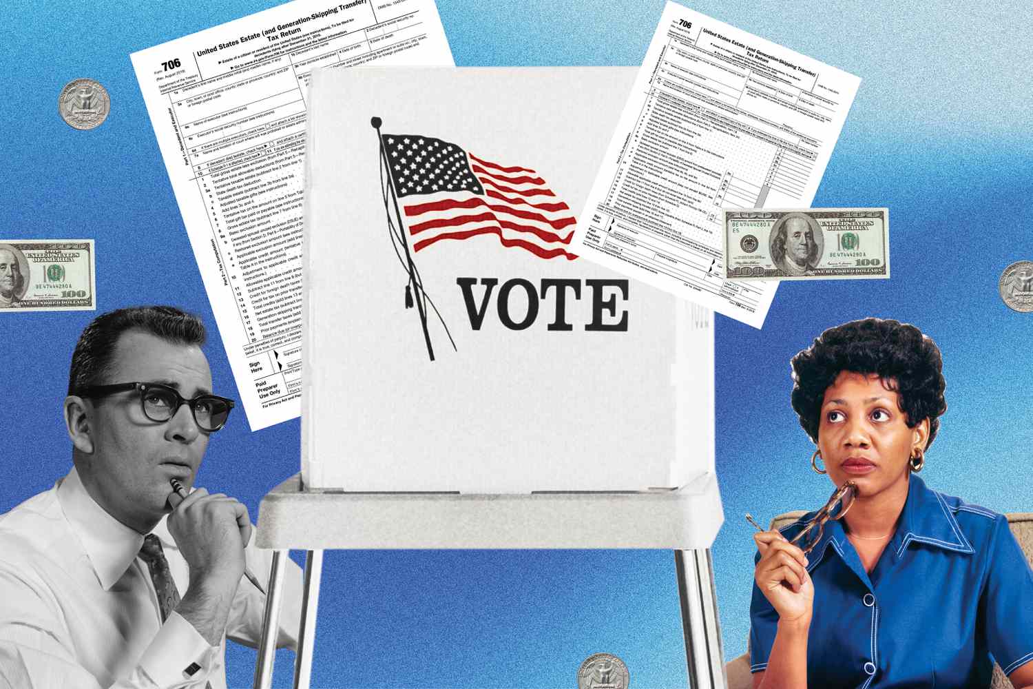 illustration showing ballot box, estate tax forms, dollar bills and people