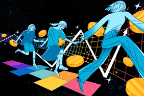 An illustration of a person at three life stages (kid, teen, and adult), playing hopscotch with coins and stock tickers in the background.