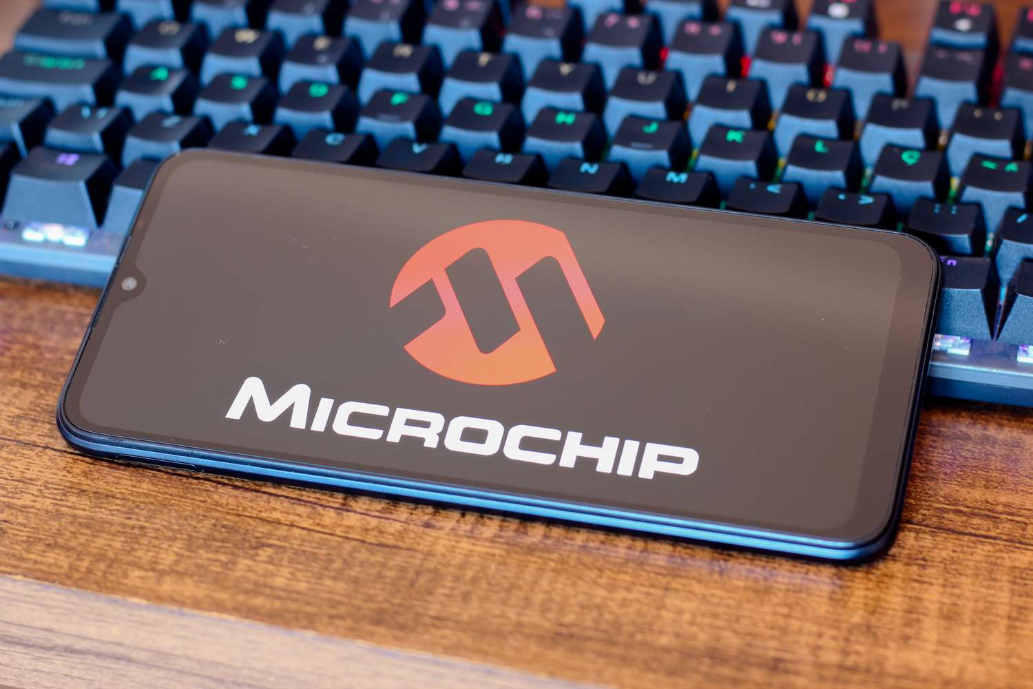 Microchip Technology logo is seen displayed on a smartphone screen