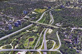 Aerial view of park and bridge