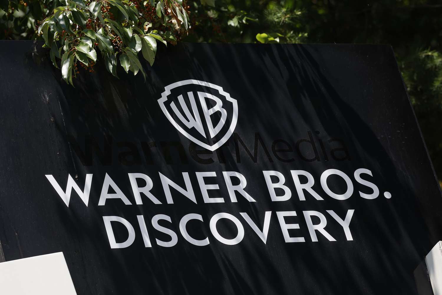 The white Warner Bros. Discovery logo is seen on a black sign, with leaves above the sign.