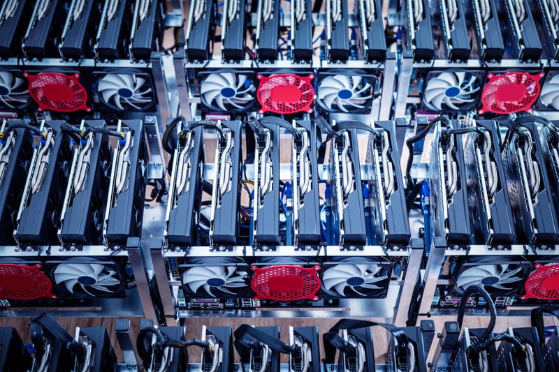 An overhead view of intense cryptocurrency mining equipment including parallel-linked drives and cooling fans.