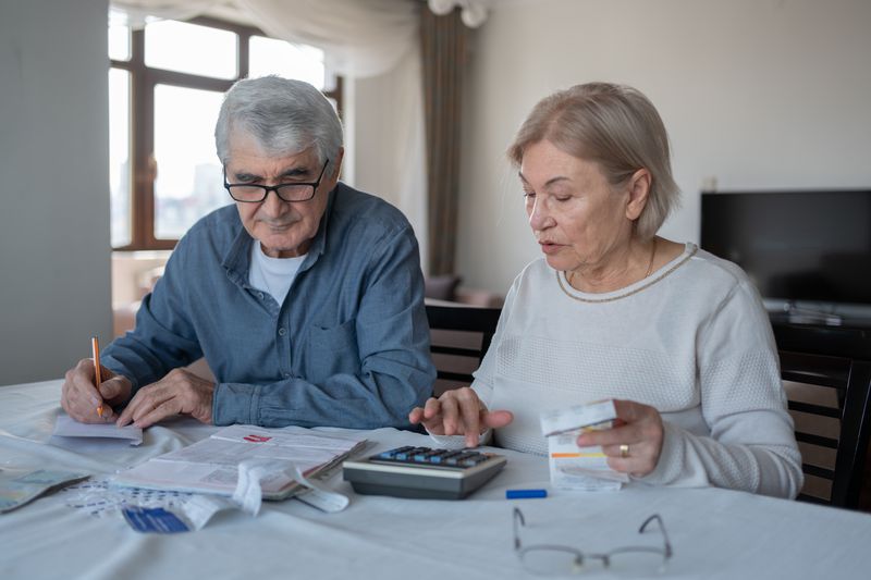 A couple sitting at a table working on their tax returns