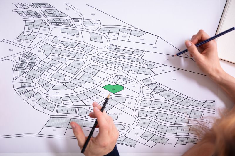 Two land developers make notes to a plat map showing the layout of a new subdivision.