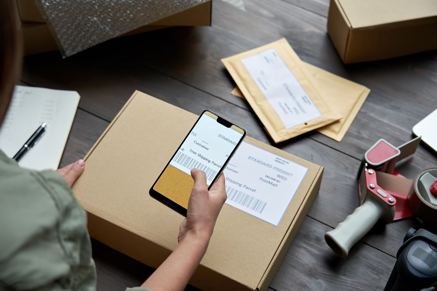 A person scans the barcode on a shipping box, using their cell phone