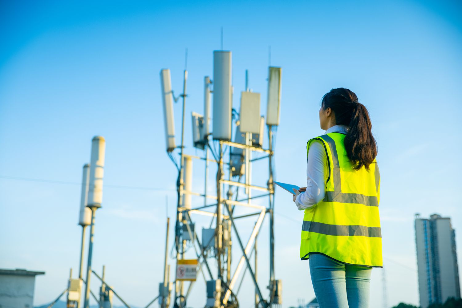 An engineer stands on a rooftop of a highrise building as they look at a telecommunication tower and estimating the cost to replace it.