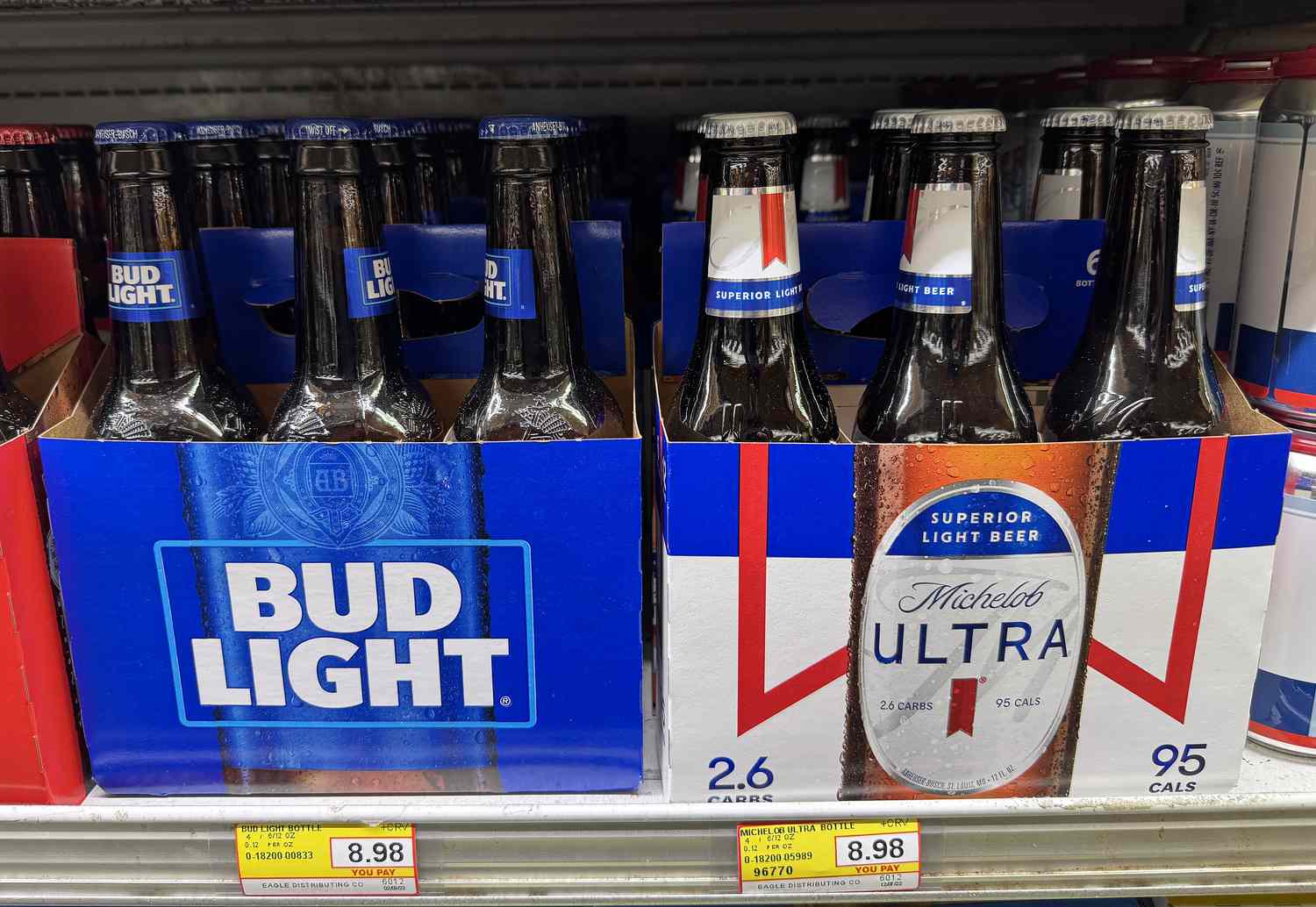 Bottles of Bud Light and Michelob Ultra beers. 