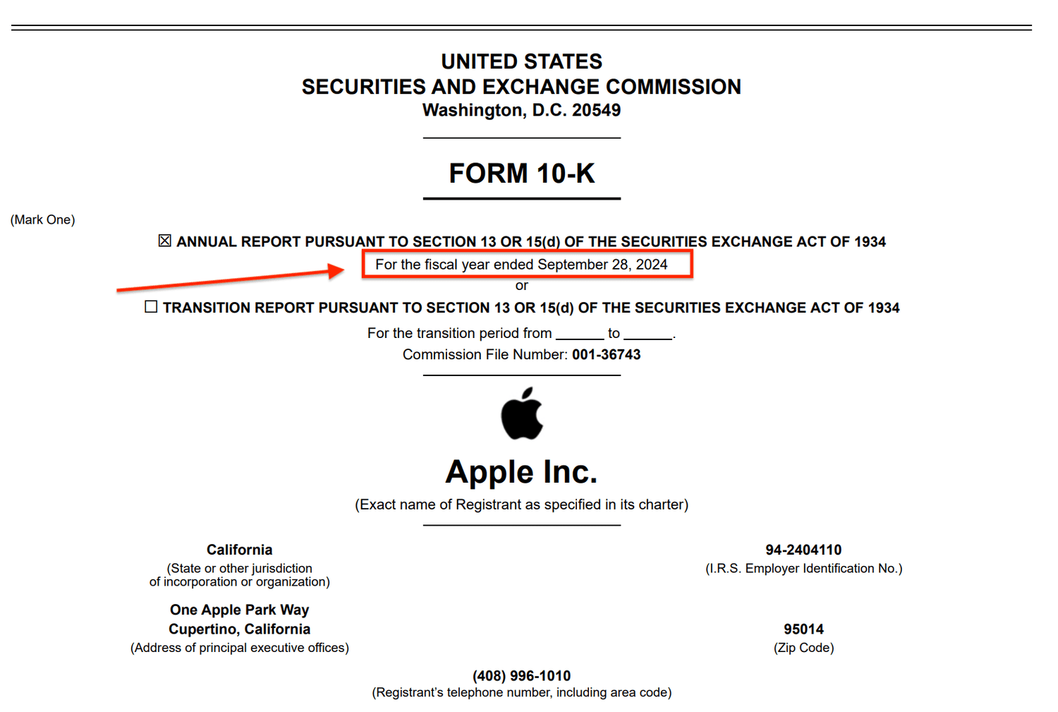 Apple's 10k, showing when its fiscal year ends.