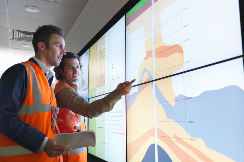 Oil workers with geology screen.